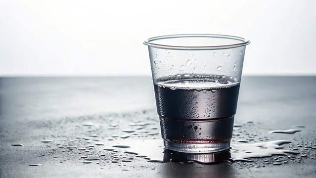 A glass of vodca with ice cubes sits on a wooden table, reflecting warm light.
