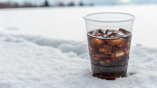 A glass of vodca with ice cubes sits on a wooden table, reflecting warm light.

