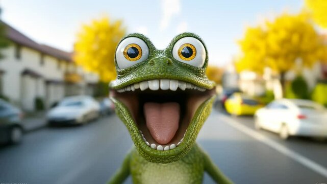 Cheerful animated character celebrates on a sunny street, bringing joy and excitement to viewers in a vibrant neighborhood scene