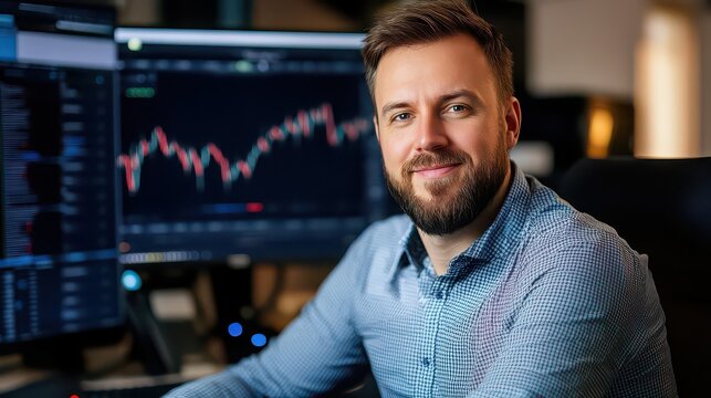 Man smiles in front of monitors displaying stock market data in a dimly lit office setting