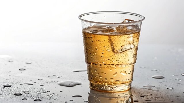 A glass of vodca with ice cubes sits on a wooden table, reflecting warm light.
