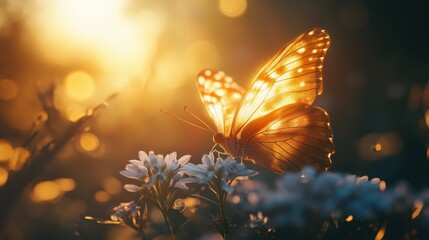 Colorful butterfly resting on flower during a warm sunset in a garden