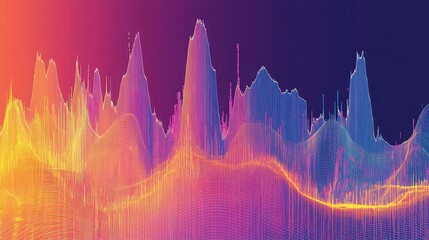 Abstract landscape with colorful lines creating a mountainous terrain against a dark background gradient