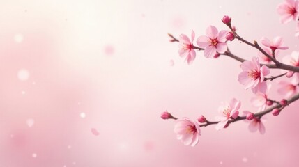 Fototapeta premium Delicate Pink Blossoms on a Branch, Softly Illuminated by a Gentle Breeze, with Falling Petals Creating a Serene and Peaceful Atmosphere