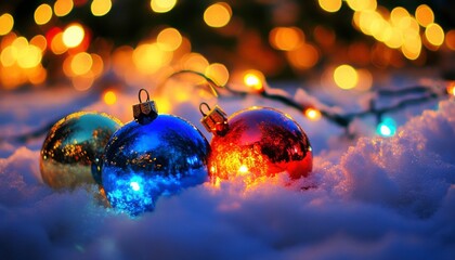Christmas Ornaments In Snow With Festive Lights