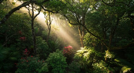 Obraz premium Sunbeams in Lush Green Forest