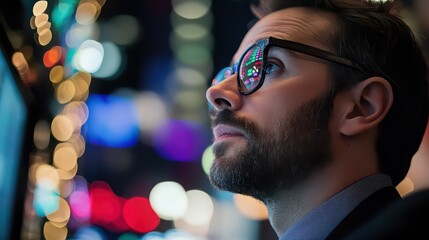Man with glasses looking up at screen reflecting colorful lights in a blurred background at night