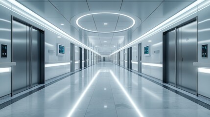 Naklejka premium Clean, futuristic hospital hallway with motion-sensitive lighting and large sliding doors, 3D architectural visualization