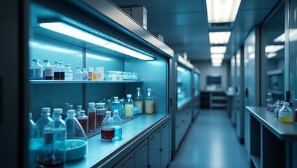 Obraz premium Sterile Laboratory with Empty Biosafety Cabinet and Sealed Petri Dishes