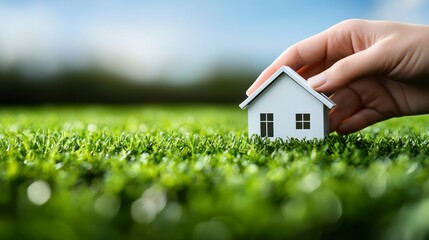 Hand placing miniature white house on a bed of vibrant green grass
