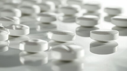White Medical Pills on Reflective Surface in Natural Light Setup