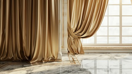 Opulent interior featuring gold curtains marble floor and a window with natural light shining through