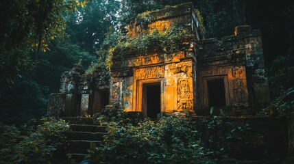Ancient temple ruins surrounded by lush jungle foliage at dusk in a tranquil wilderness setting