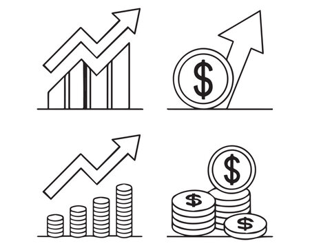 Dollar rate increase vector icons. Cost rise vector illustration. Business money increase signs set