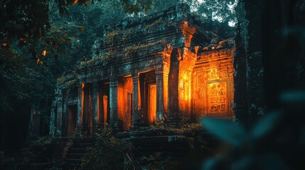 Fototapeta premium Ancient temple ruins surrounded by lush jungle foliage at dusk in a tranquil wilderness setting