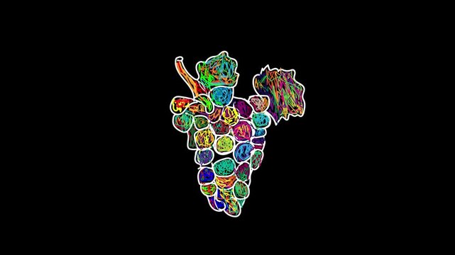 Colorful Scribble Fruits Animation On Black Screen, Banana, Apple, Papaya, Graps, Scribble Hand Drawn Motion Fruits Animation.  5 Different Colorful Hand Drawn Scribble Fruits And Vegetable Animation 