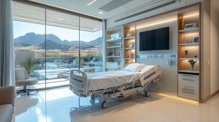 Elegant hospital room with calming tones, large glass wall, medical bed, open shelves, and a mounted TV