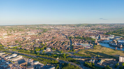 Aerial view on Lagan River and buildings in City centre of Belfast Northern Ireland. Drone photo, high angle view of town