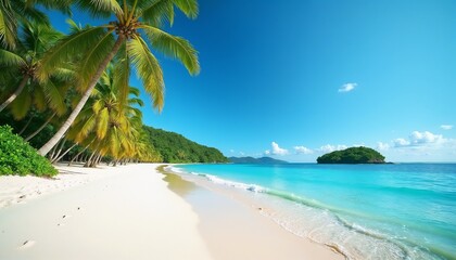 Obraz premium Calm beach with palm trees and clear turquoise water on a sunny day in paradise