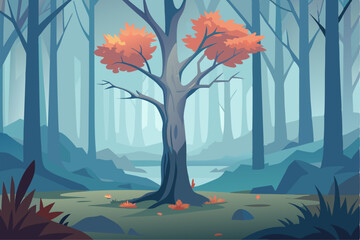 A surreal and vibrant autumn tree glowing at the center of a calm forest, reflected symmetrically in a tranquil lake with soft ripples. This dreamy fantasy landscape is painted in an expressive oil pa