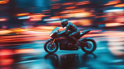 Motorcycle racing through vibrant city lights at night showcasing adrenaline and speed
