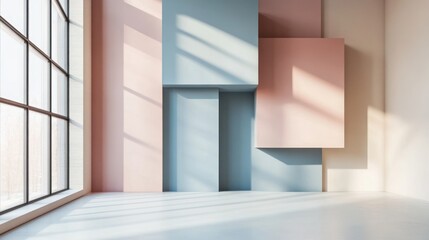 Obraz premium Modern minimalist interior with large window, featuring muted pastel colors and geometric shapes