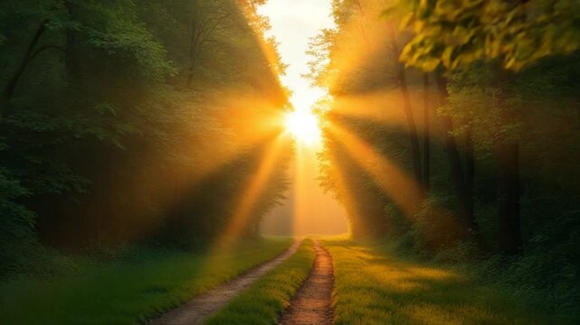 passing through a vibrant green forest at sunset