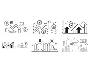 Dollar rate increase vector icon set. Rise cost vector illustration. Business money increase vector signs set