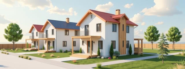 Lending dwelling concept. Modern houses with vibrant roofs in a landscaped neighborhood setting.