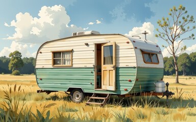 Lending dwelling concept. A vintage caravan parked in a lush field under a bright sky.