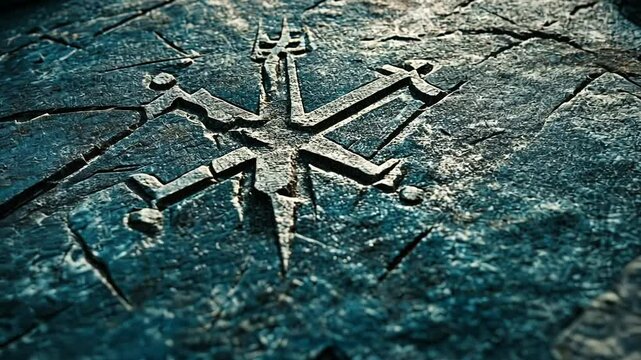 Intricate stone carving of a mystical symbol on a rugged surface, evoking ancient lore
