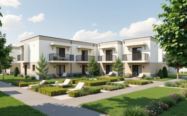 Lending dwelling concept. Modern residential building with landscaped garden and balconies under a blue sky.