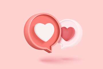 3D social media online platform concept, online social communication on applications, Photo frame with heart and love emoji icon, like and play in red bubble icons. 3d heart vector render concept