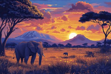 An elephant standing in the foreground with African landscape background with mountains in the background at sunset, photo-realistic, high resolution, high detail, high quality, in photorealistic pain