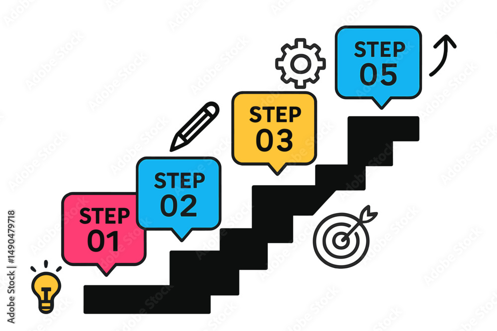 Poster steps represented as a staircase with colorful icons for a structured approach to a project or proce