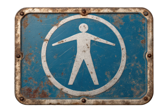 Vintage Accessibility Symbol on Rusty Blue Metal Signboard