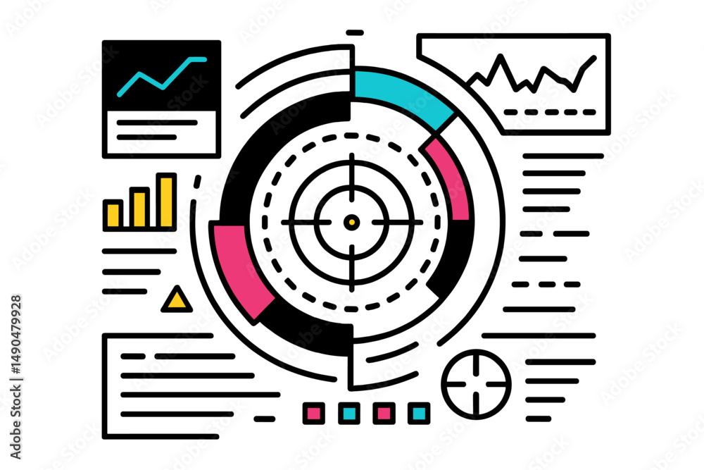 Poster vector illustration of data analysis dashboard featuring graphs and charts for performance metrics i