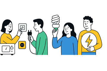 Vector illustration depicting people engaging with household electricity and energy-saving practices in a modern setting