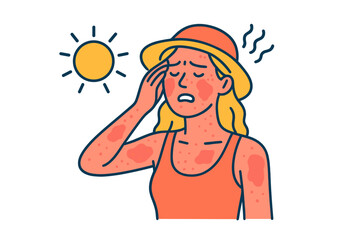 Woman suffering from sunburn and heat exhaustion in a summer outdoor setting