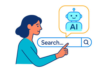 Woman searching for information about AI using a digital interface with a chatbot illustration in a modern setting