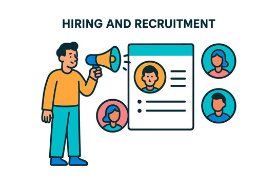 Activity of hiring and recruitment illustrated with a person using a megaphone to attract potential candidates