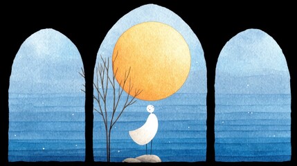 Serene Night Scene Bird and Yellow Moon in Arched Windows