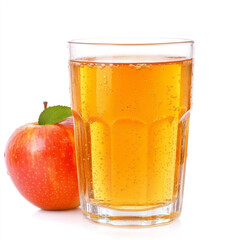Glass of apple juice with a red apple and green leaf on a white background