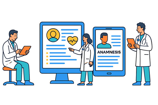 Vector illustration of doctors using digital devices for patient data management in a modern healthcare environment