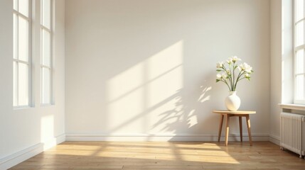 Fototapeta premium Sunlight Illuminates a Minimalist Room with Hardwood Floors, Featuring a Simple Wooden Side Table and a Vase of White Flowers