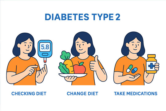 Lifestyle changes for managing type 2 diabetes with diet, monitoring, and medication adherence