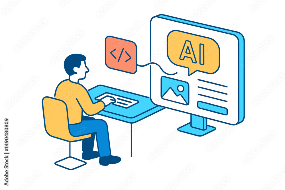  vector illustration of a person coding with artificial intelligence on a computer screen in a modern