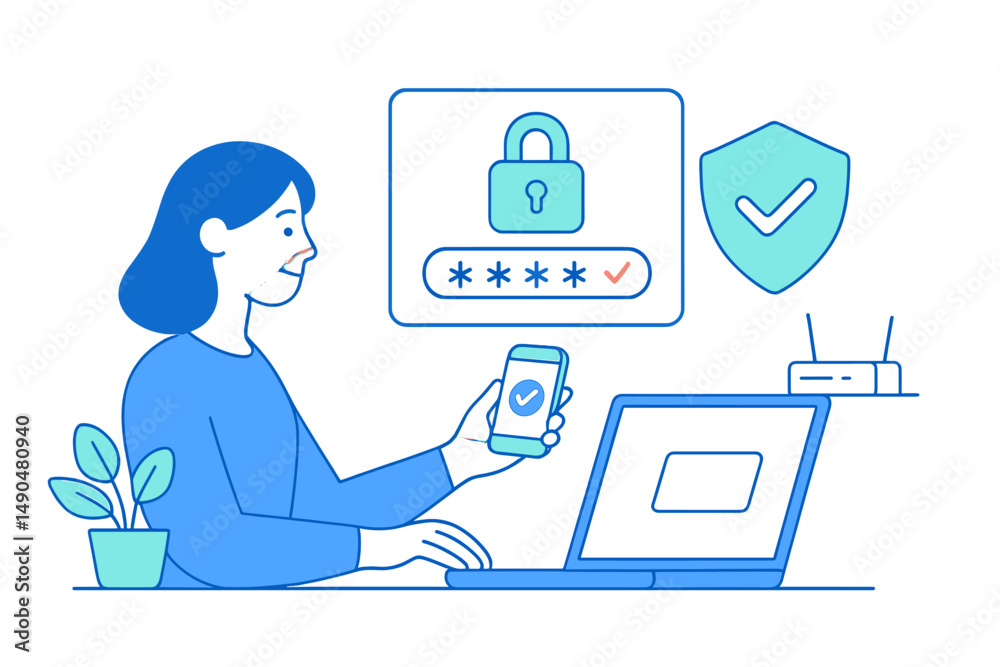 Poster secure online activity with password protection and authentication in a digital workspace illustrati