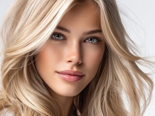 Naklejka premium Beautiful blonde woman with long, flowing hair in the wind, with a beautiful hairstyle and makeup