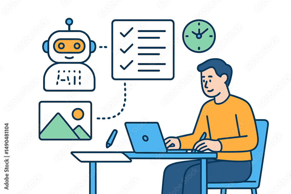 Poster vector illustration of a person using a laptop with an ai chatbot for task management and productivi